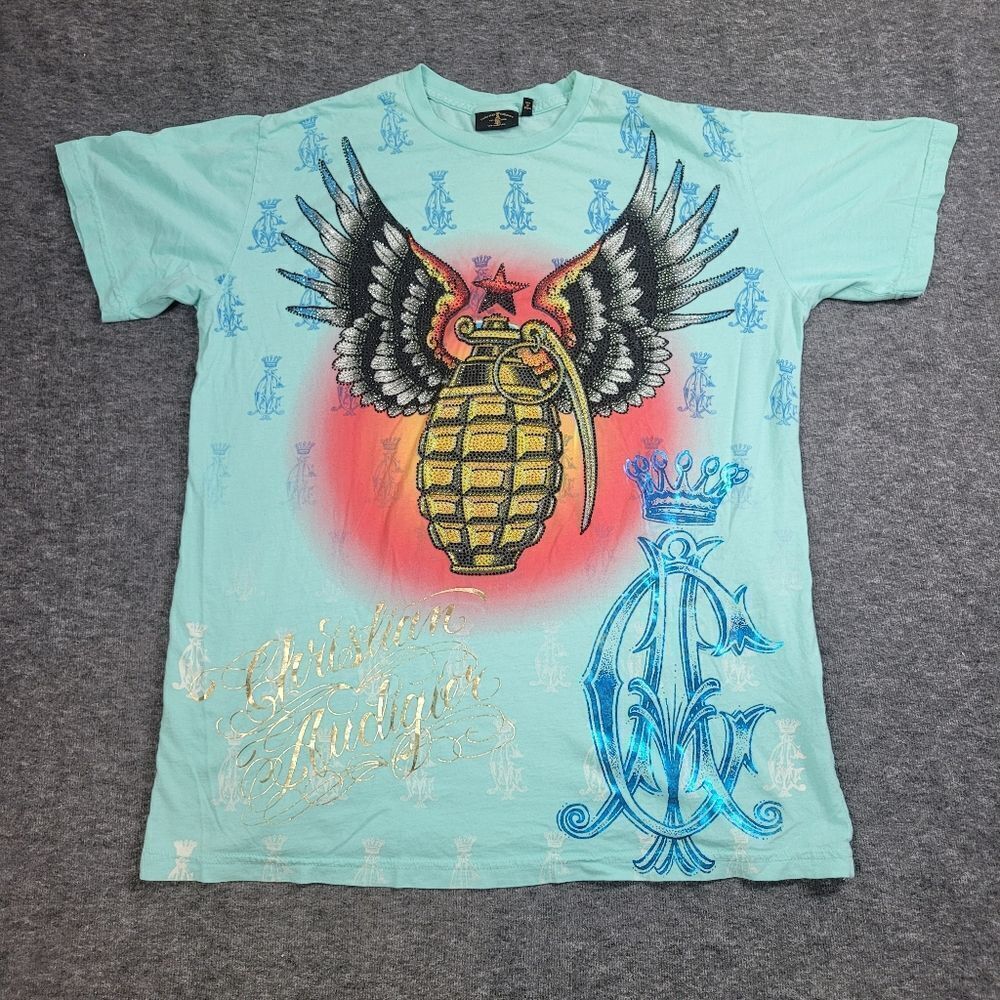 Vtg Christian Audigier New York 1958 Unisex  Size L Blue T-Shirt Rhinestone